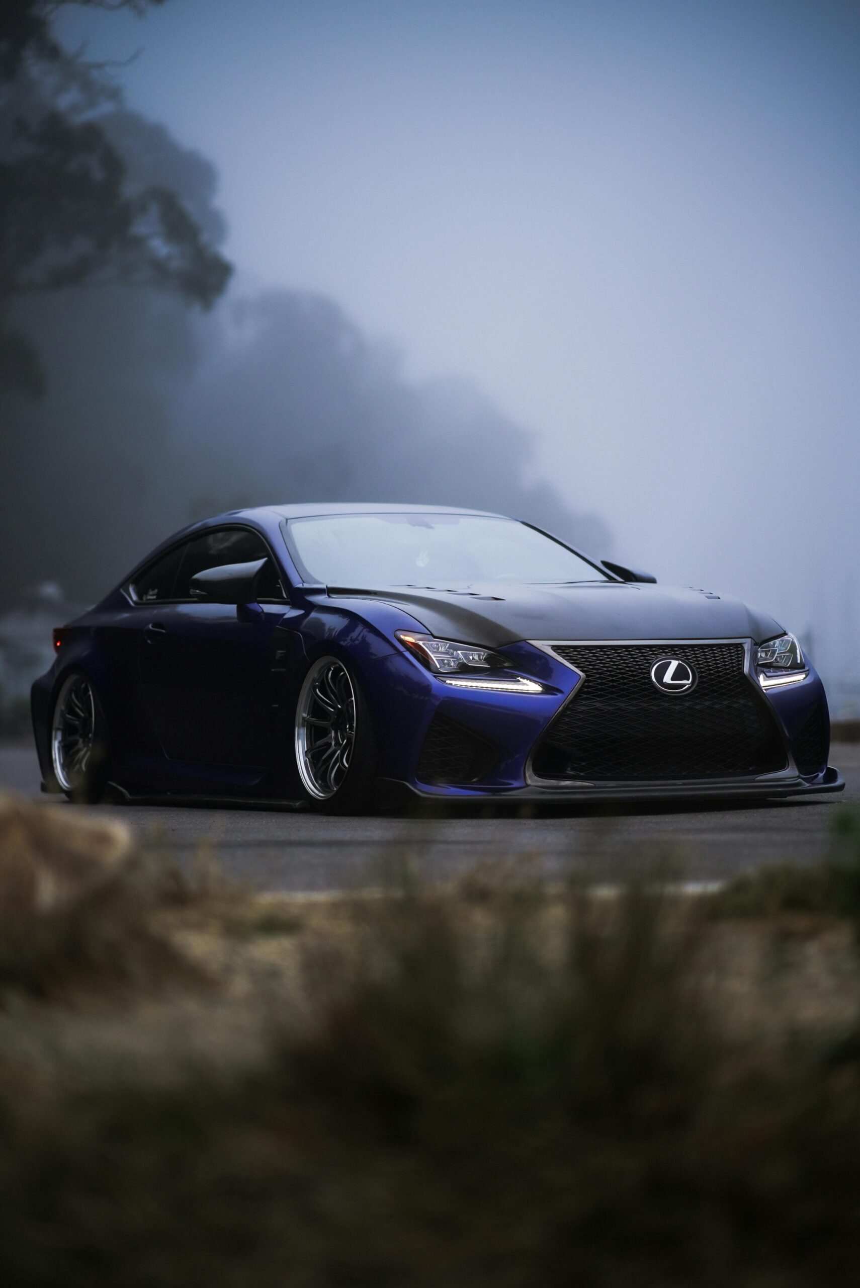 A stylish Lexus parked on a foggy road in Morro Bay, capturing the essence of automotive elegance.